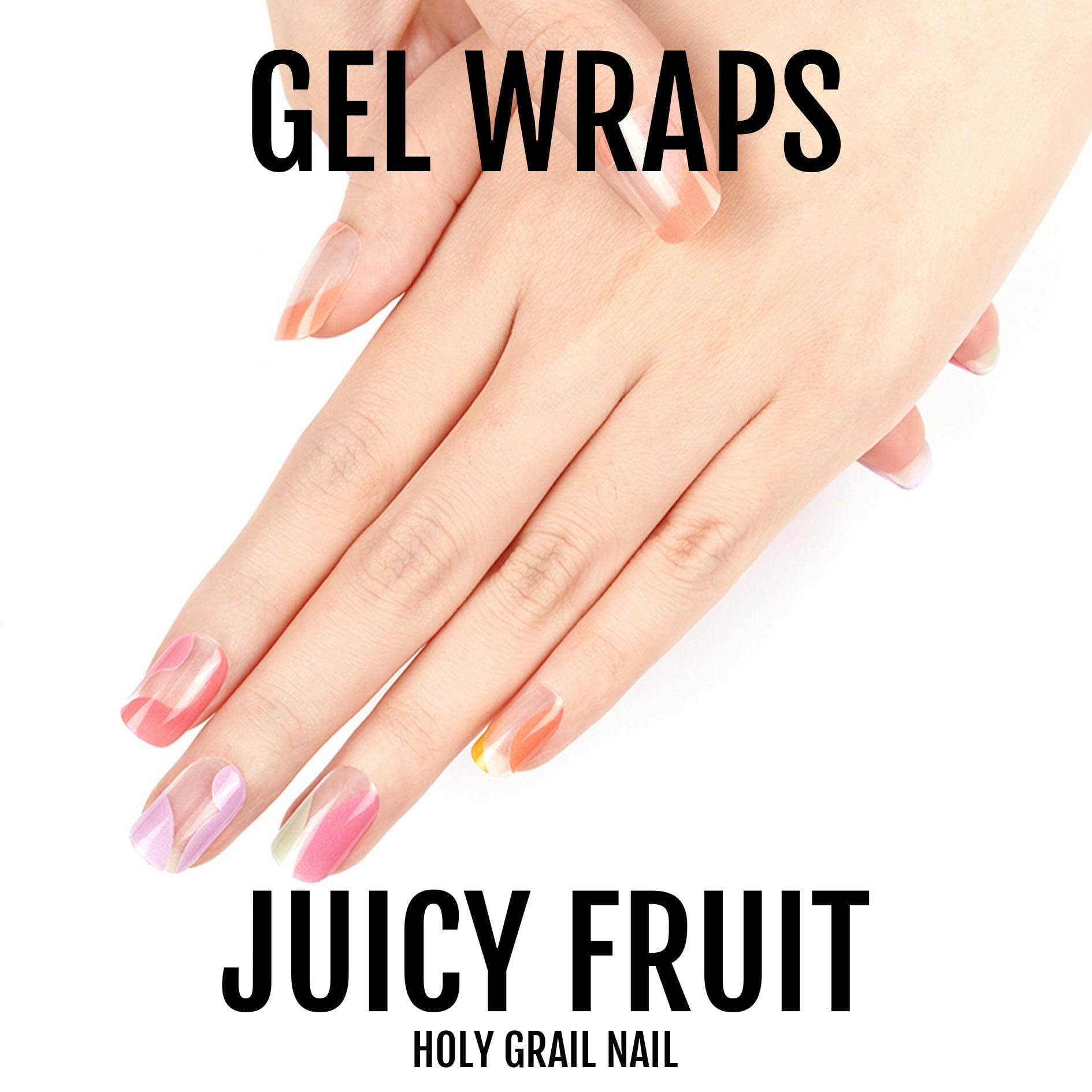 Hands displaying colourful translucent gel nail wraps in pastel rainbow gradient shades