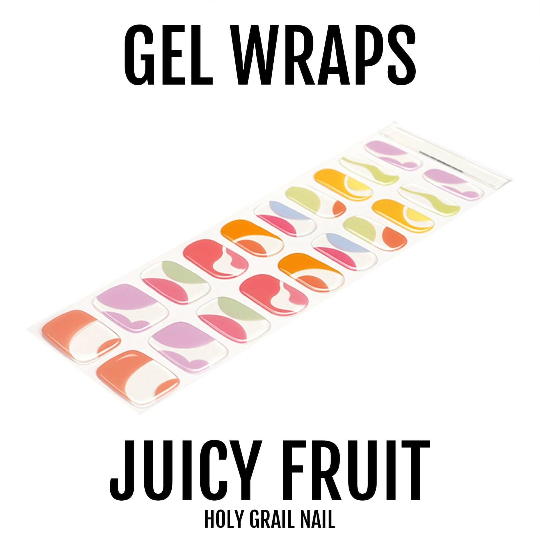 Colourful translucent gel nail wraps with abstract watercolour fruit design in rainbow pastels