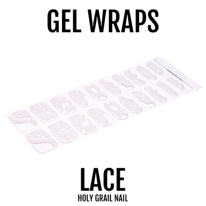 White lace gel nail wraps sheet showing transparent delicate pattern design