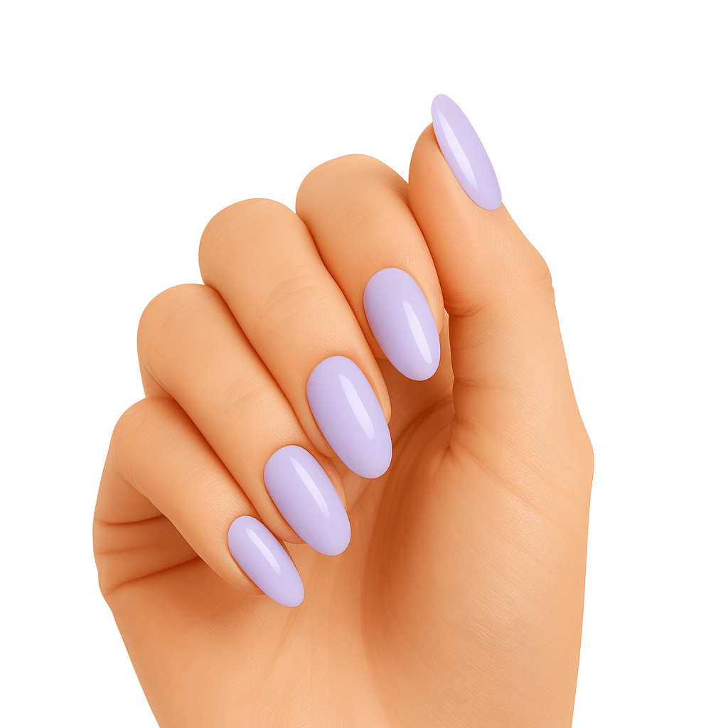 Lilac glossy gel nail wraps on hand showing oval shaped manicure