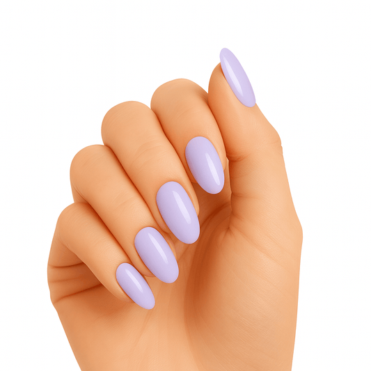 Lilac glossy gel nail wraps on hand showing oval shaped manicure
