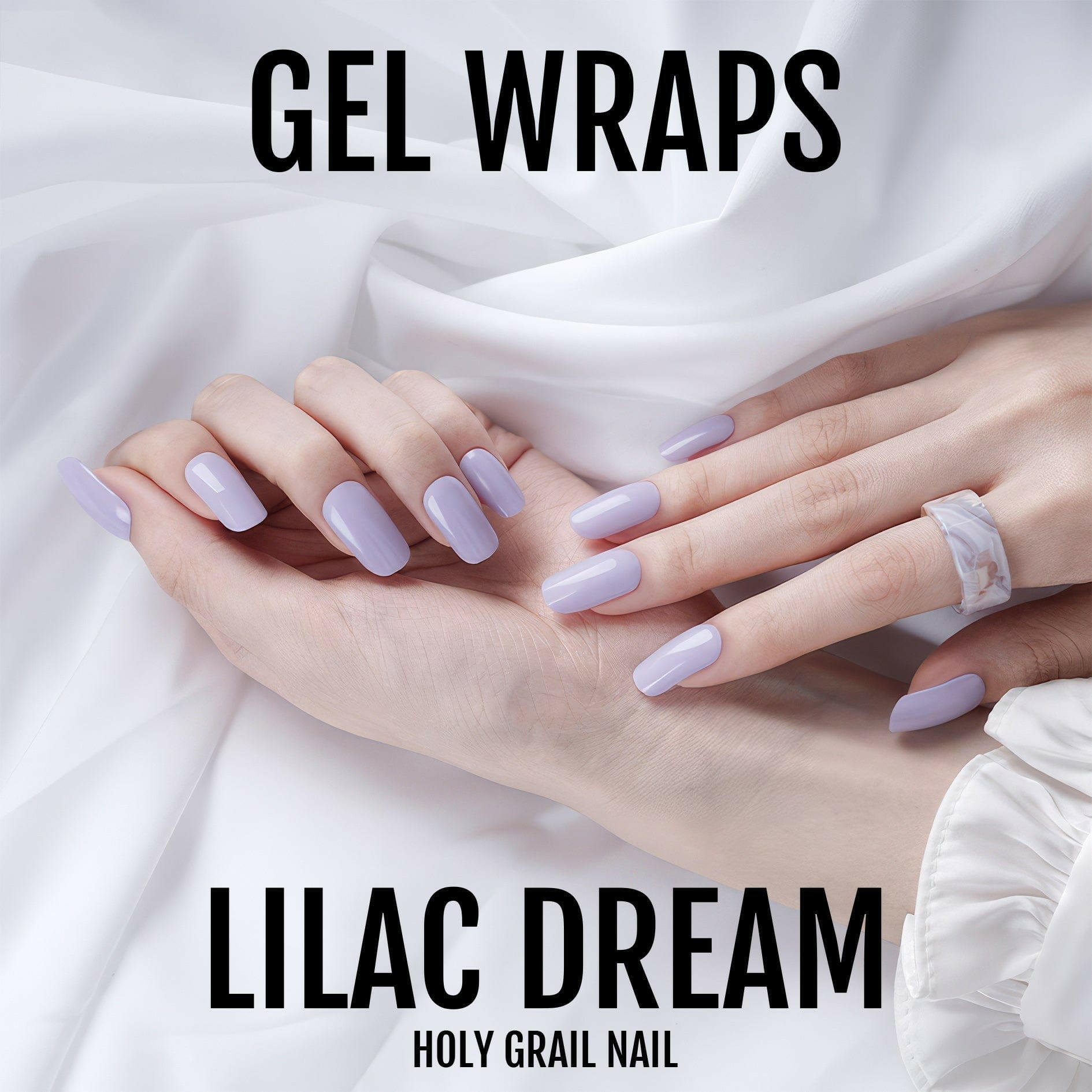 Soft lilac gel nail wraps on elegant hands with minimalist pastel manicure