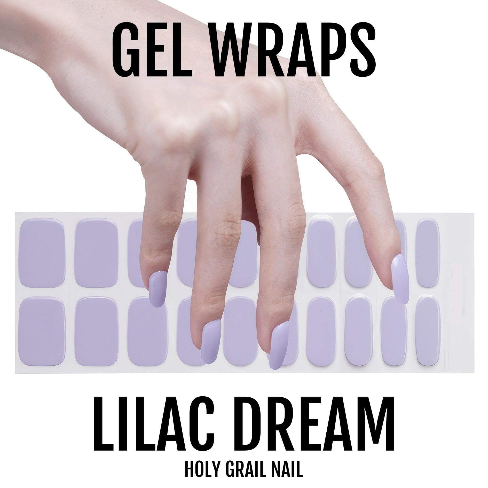 Hand applying lilac gel nail wraps showing semi-cured gel manicure application