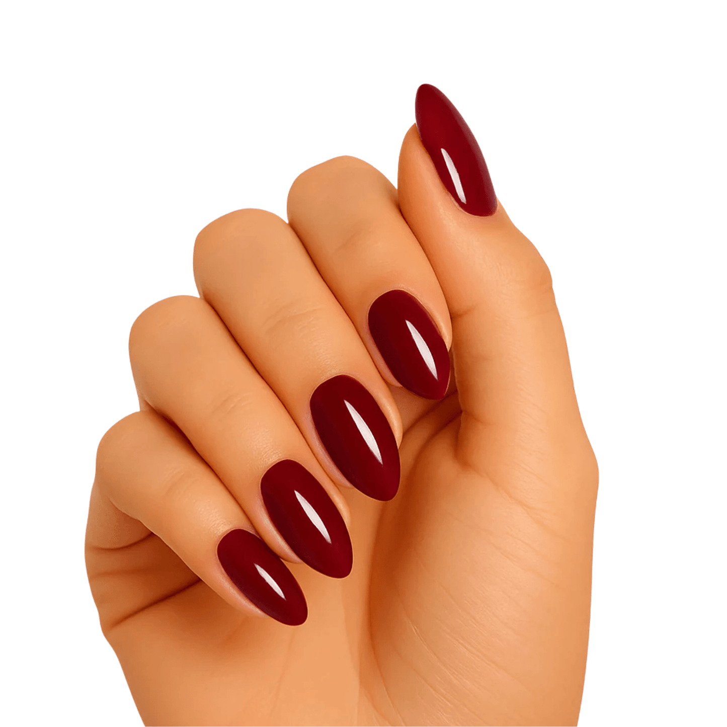 Deep burgundy gel nail wraps on hand showing glossy wine red manicure