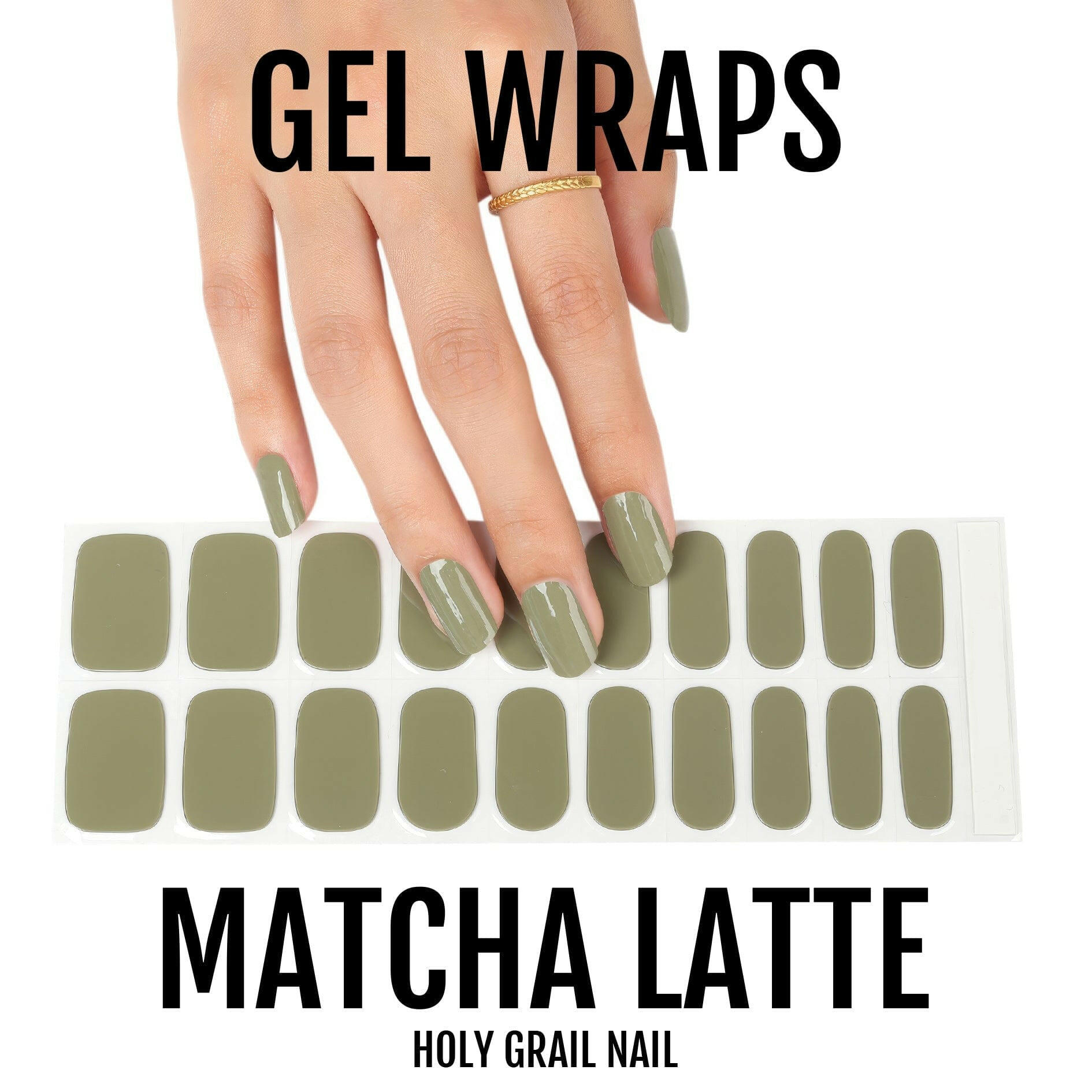 Hand wearing matte olive gel nail wraps with nail sheet display
