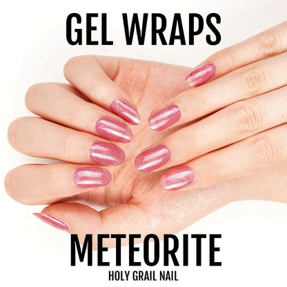 Pink purple glitter gel nail wraps displayed on hands showing Meteorite sparkle design