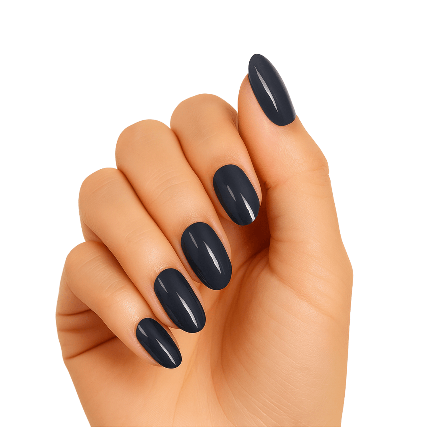 Glossy black gel nail wraps on hand showing dramatic dark manicure with oval shape