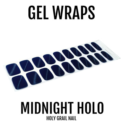 Midnight holo gel nail wrap sheet showing dark navy blue holographic nail art strips