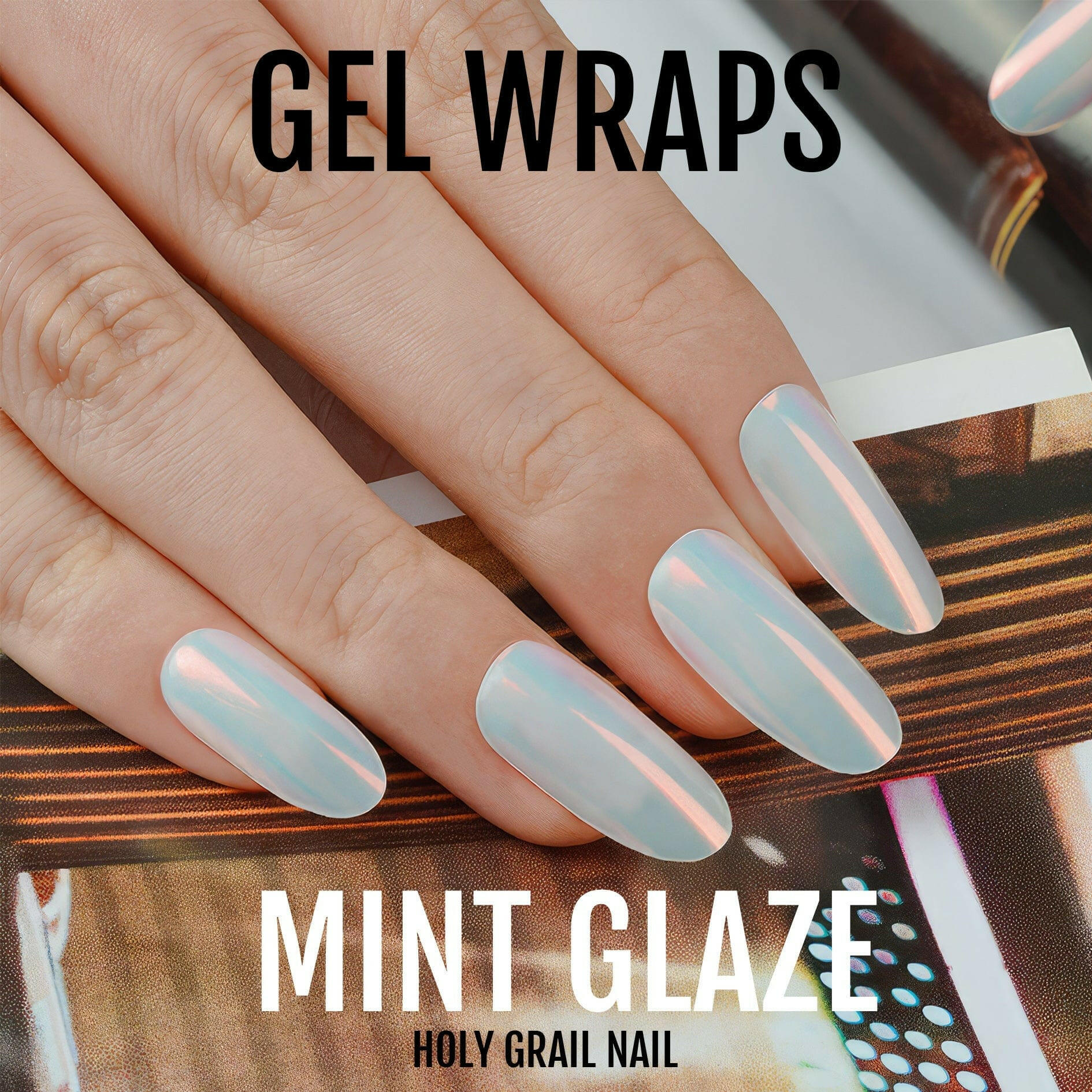 Mint glazed gel nail wraps with iridescent finish on manicured hand