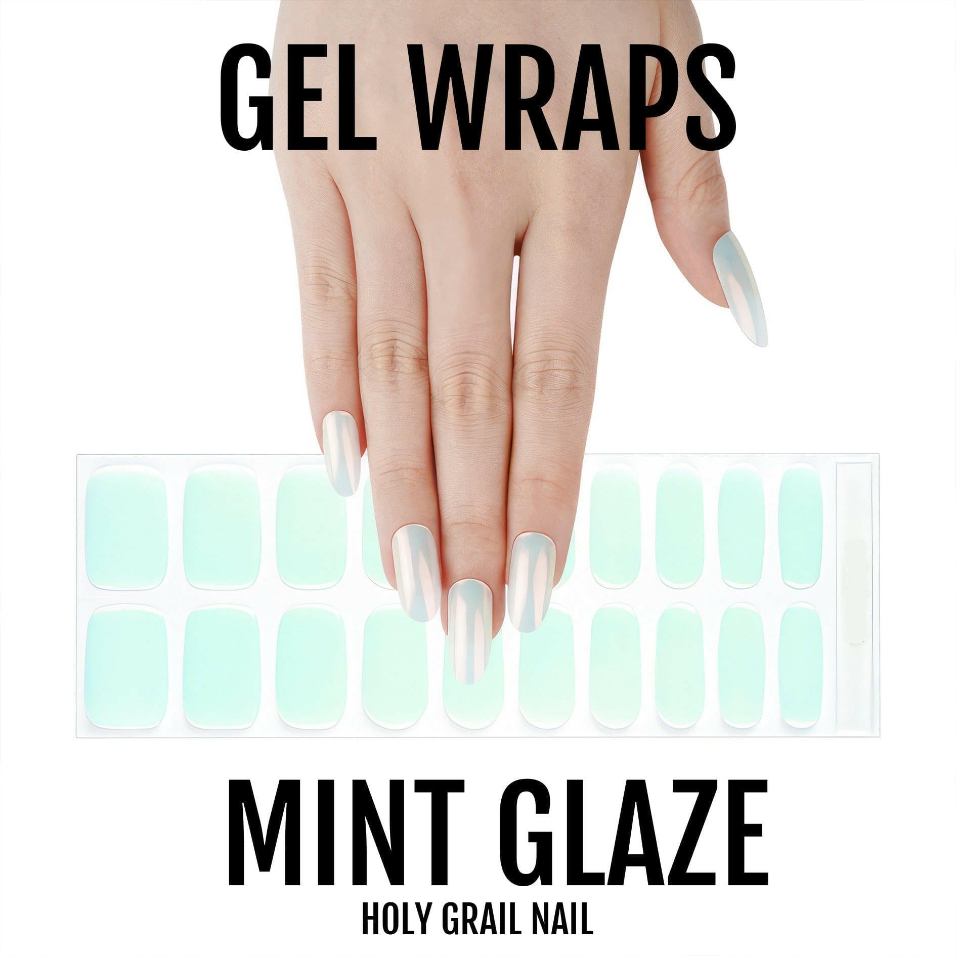 Mint green gel nail wraps sheet with hand showing holographic manicure