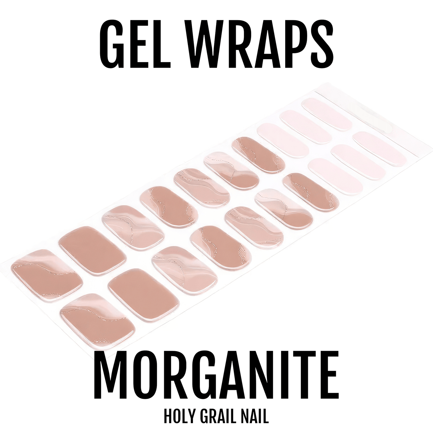 Morganite gel nail wraps in nude pink marble finish with pearl shimmer
