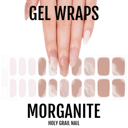 Morganite gel nail wrap sheet showing nude pink marble designs with hand model