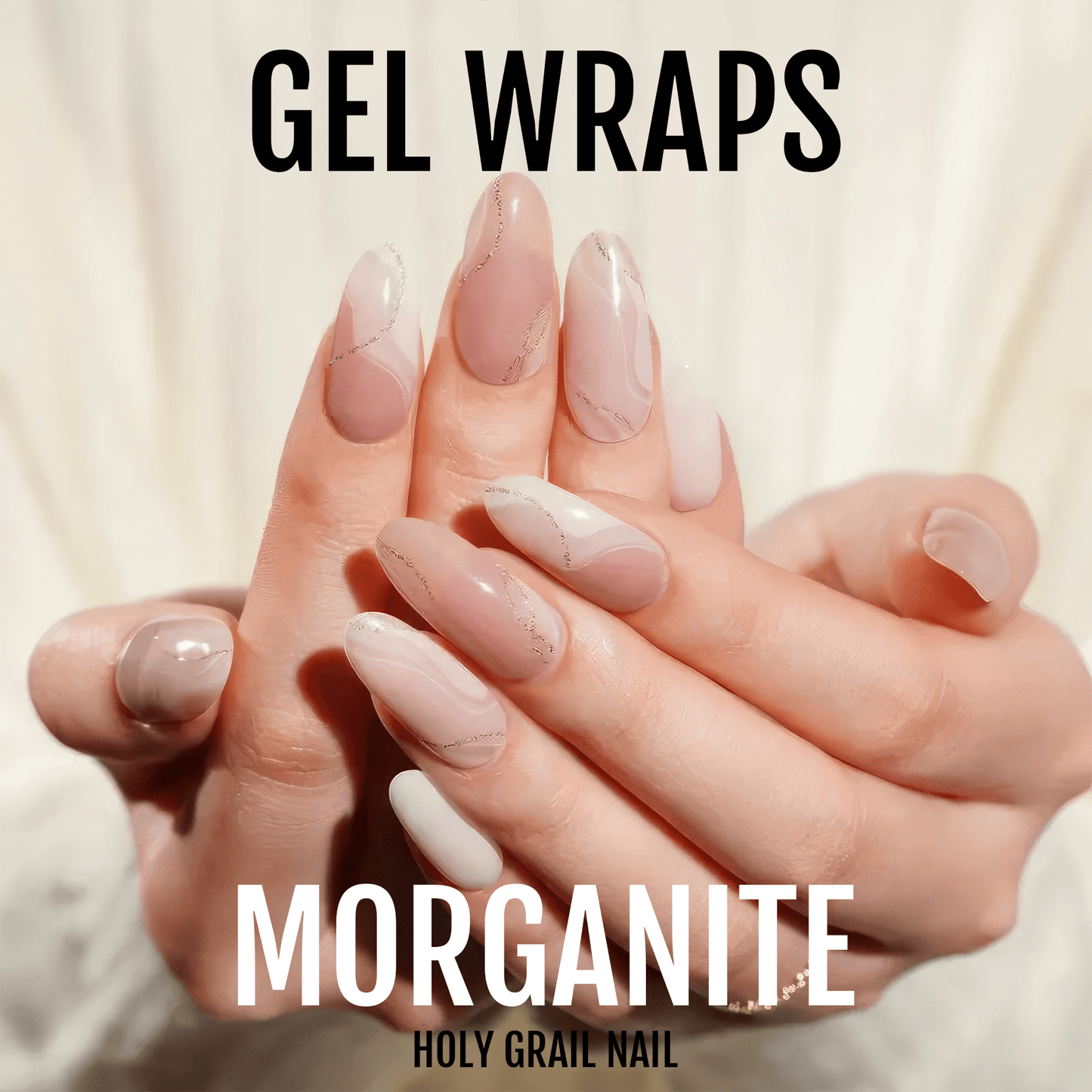 Glossy nude pink gel nail wraps with marble shimmer effect on hands