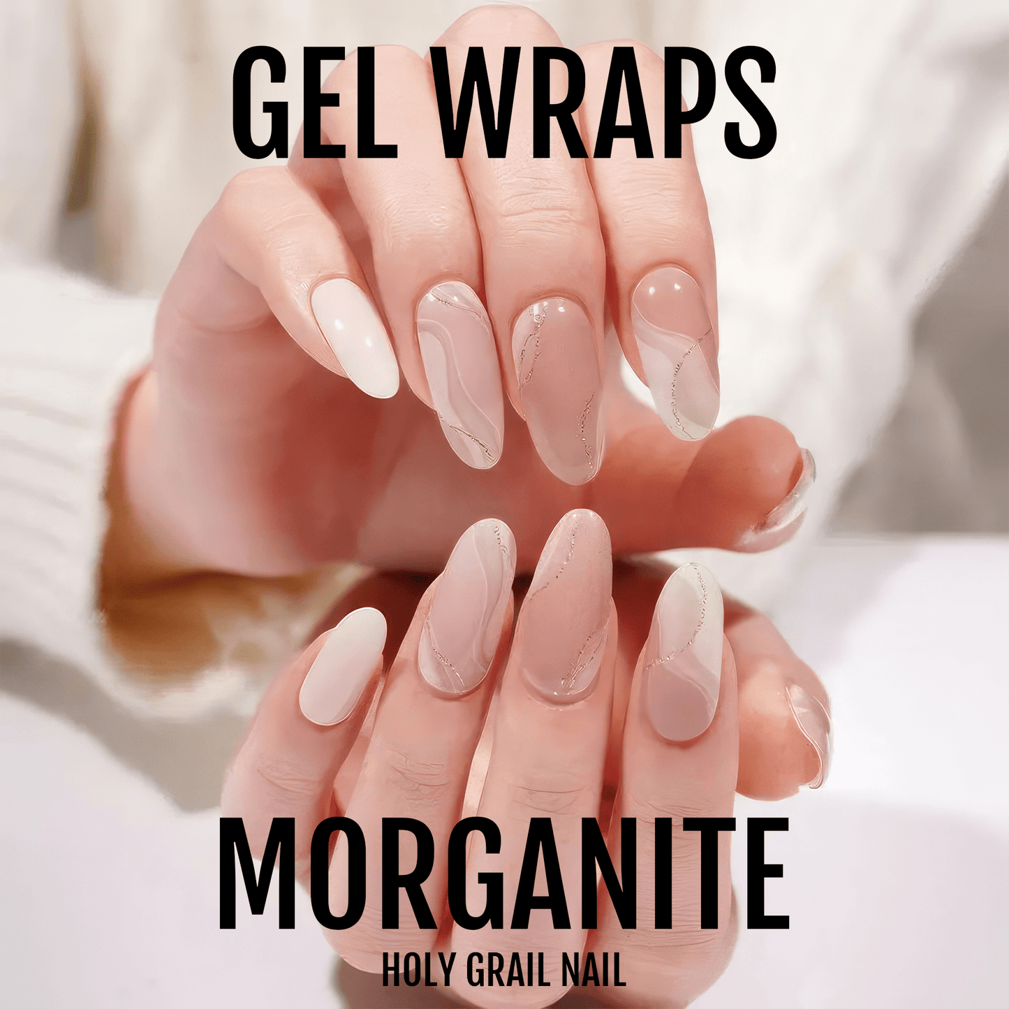 Morganite gel nail wraps displaying nude pink marble pattern on manicured hands