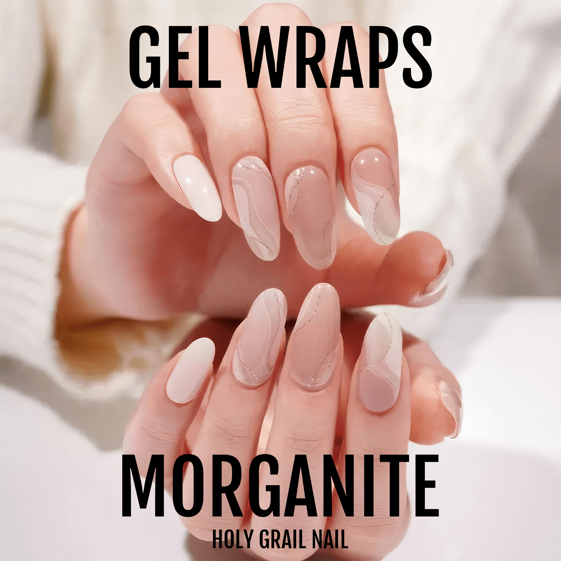Morganite gel nail wraps displaying nude pink marble pattern on manicured hands