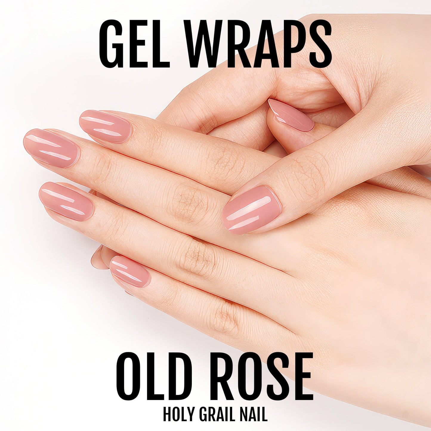 Hands with dusty pink gel nail wraps in old rose shade for elegant at-home manicure