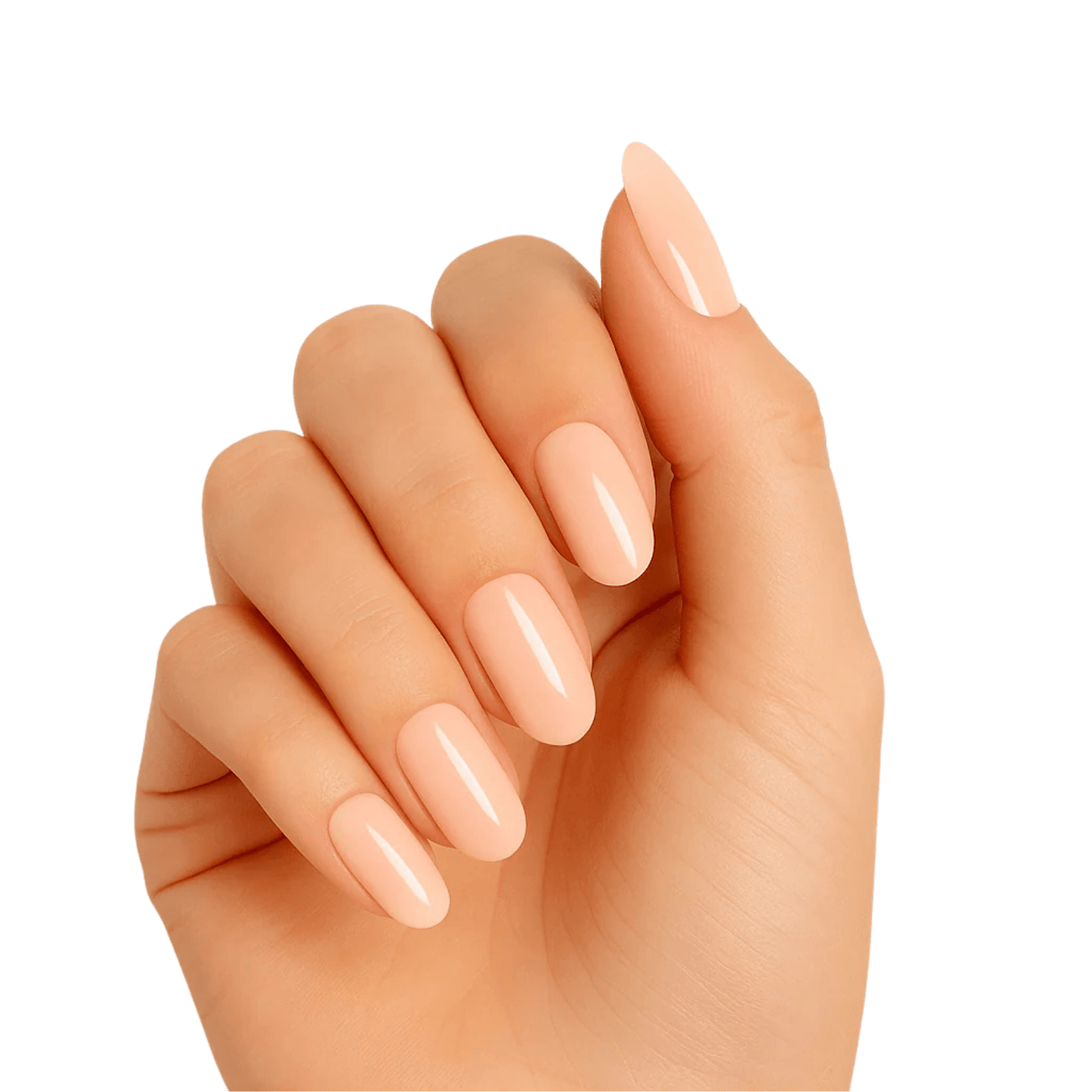 Glossy peach gel nail wraps on hand showing natural coral manicure finish