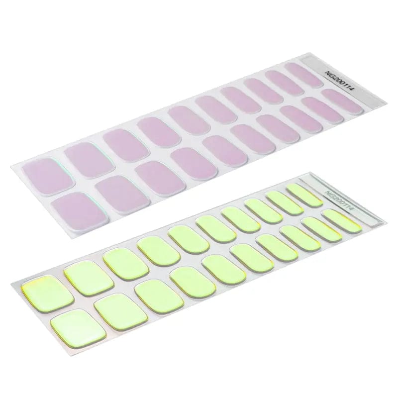 Pearl gel nail wrap sheets in lilac and lime green showing iridescent chrome finish