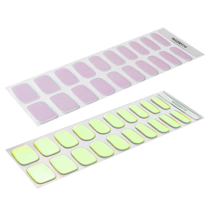 Pearl gel nail wrap sheets in lilac and lime green showing iridescent chrome finish