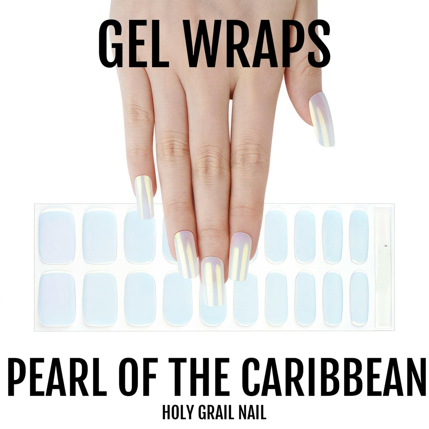 Hand displaying pearl gel nail wraps with blue iridescent holographic chrome manicure finish