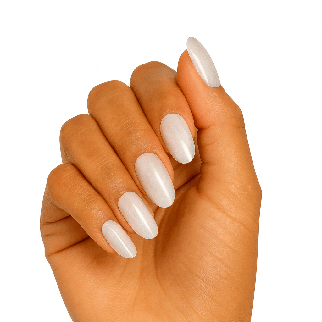 Hand showing pearl sheen gel nail wraps in nude white with subtle opalescent shimmer