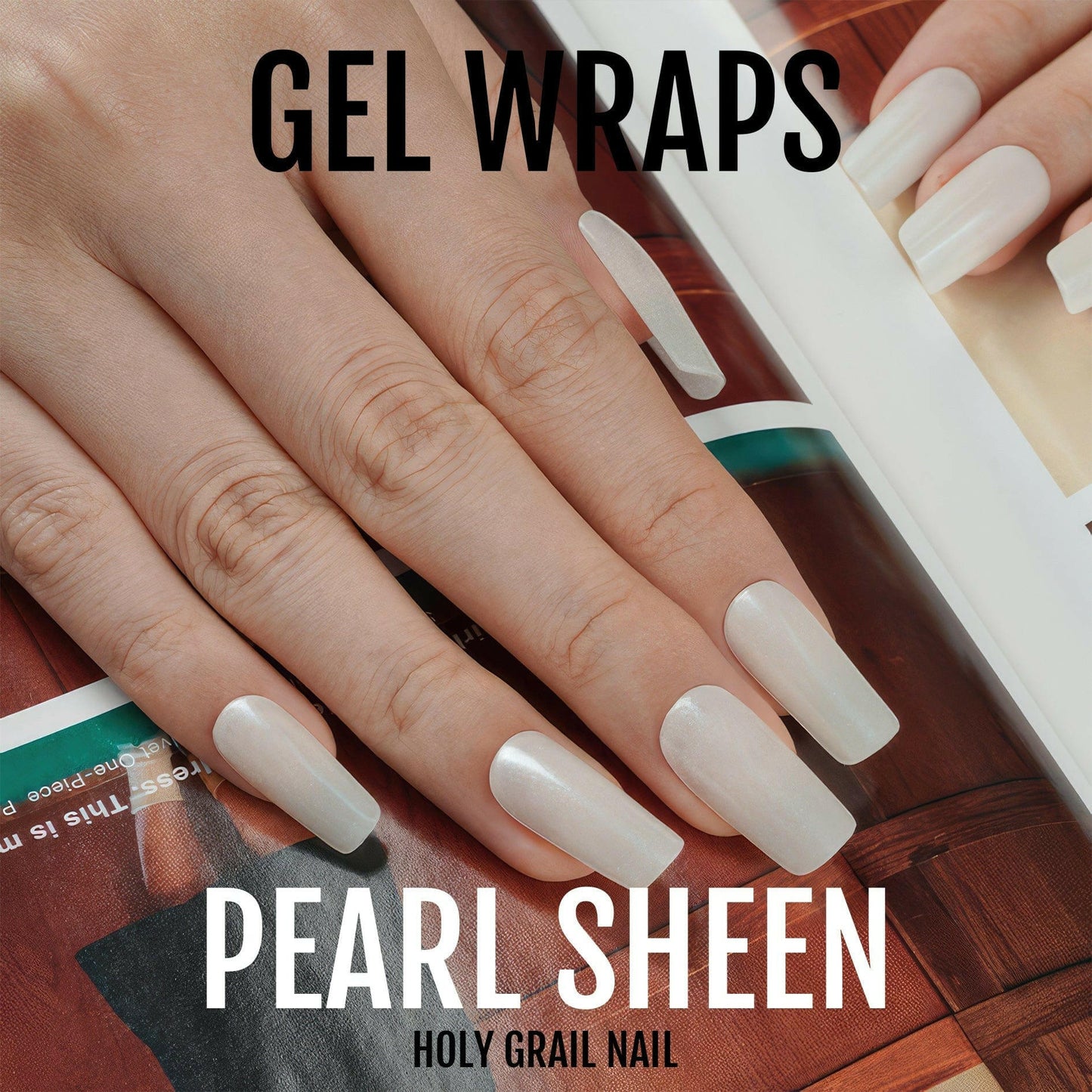 Pearl sheen gel nail wraps with subtle shimmer finish on hand manicure