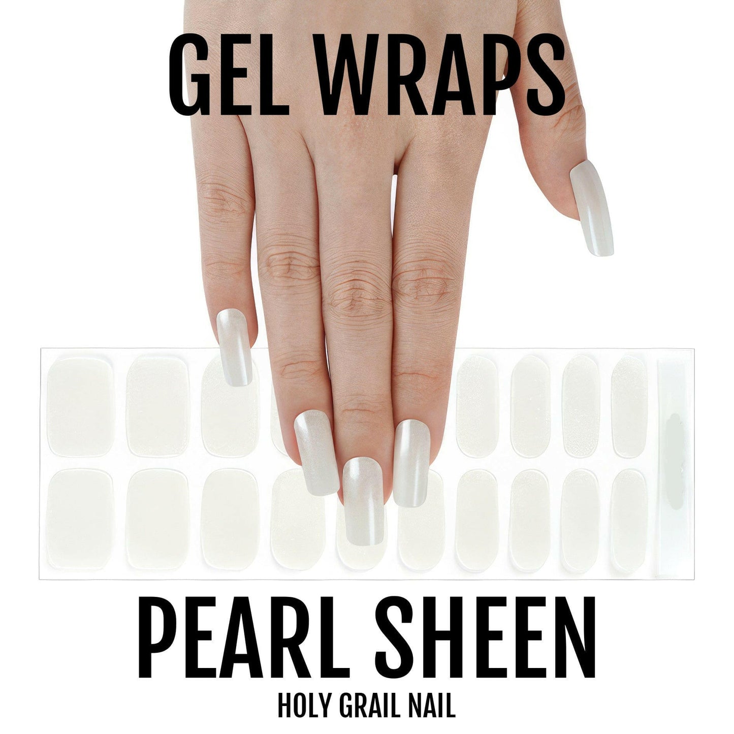 Hand wearing pearl sheen gel nail wraps with luminous opalescent finish