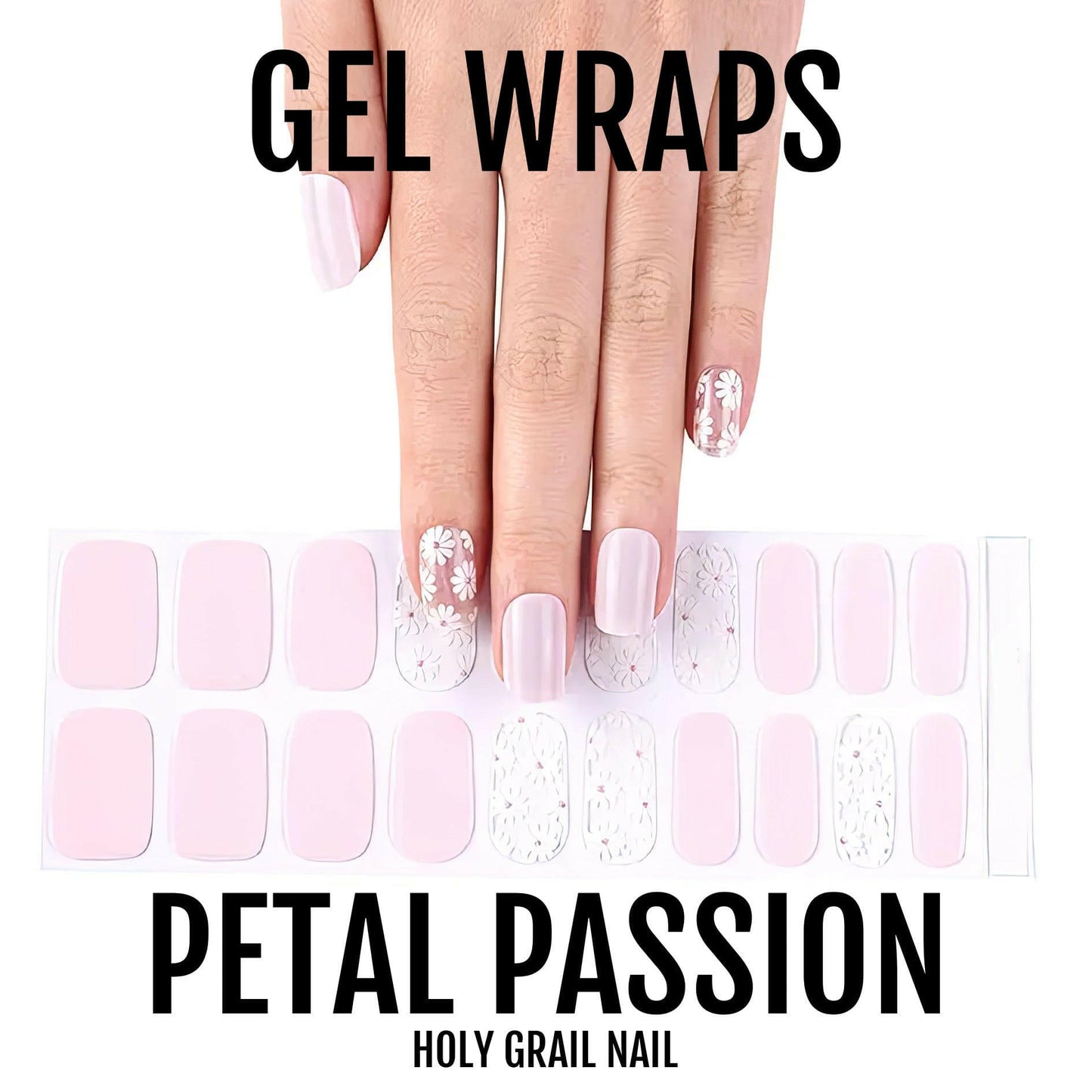 Hand showing pink gel nail wraps with white daisy patterns and nail wrap sheet