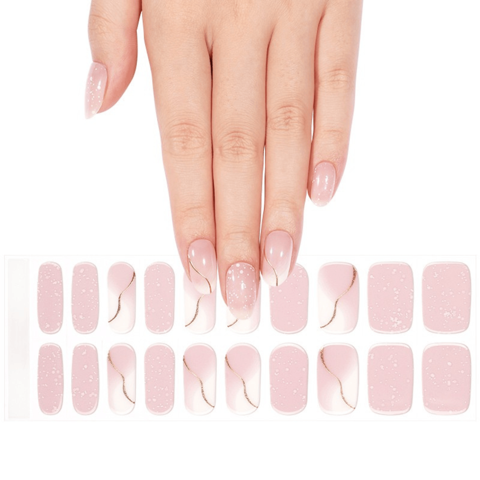 Hand showing pink glitter gel nail wraps with pearl shimmer effect