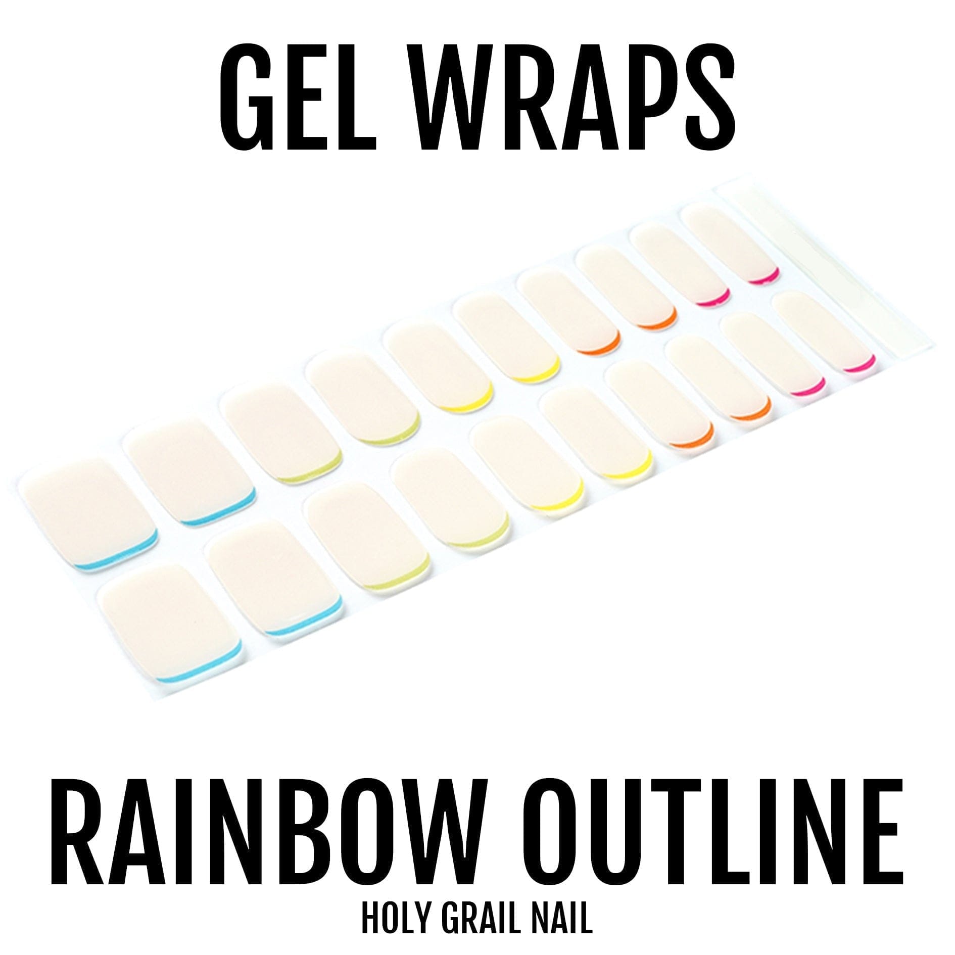 Rainbow outline gel nail wraps sheet showing colourful French tip designs for at-home manicure