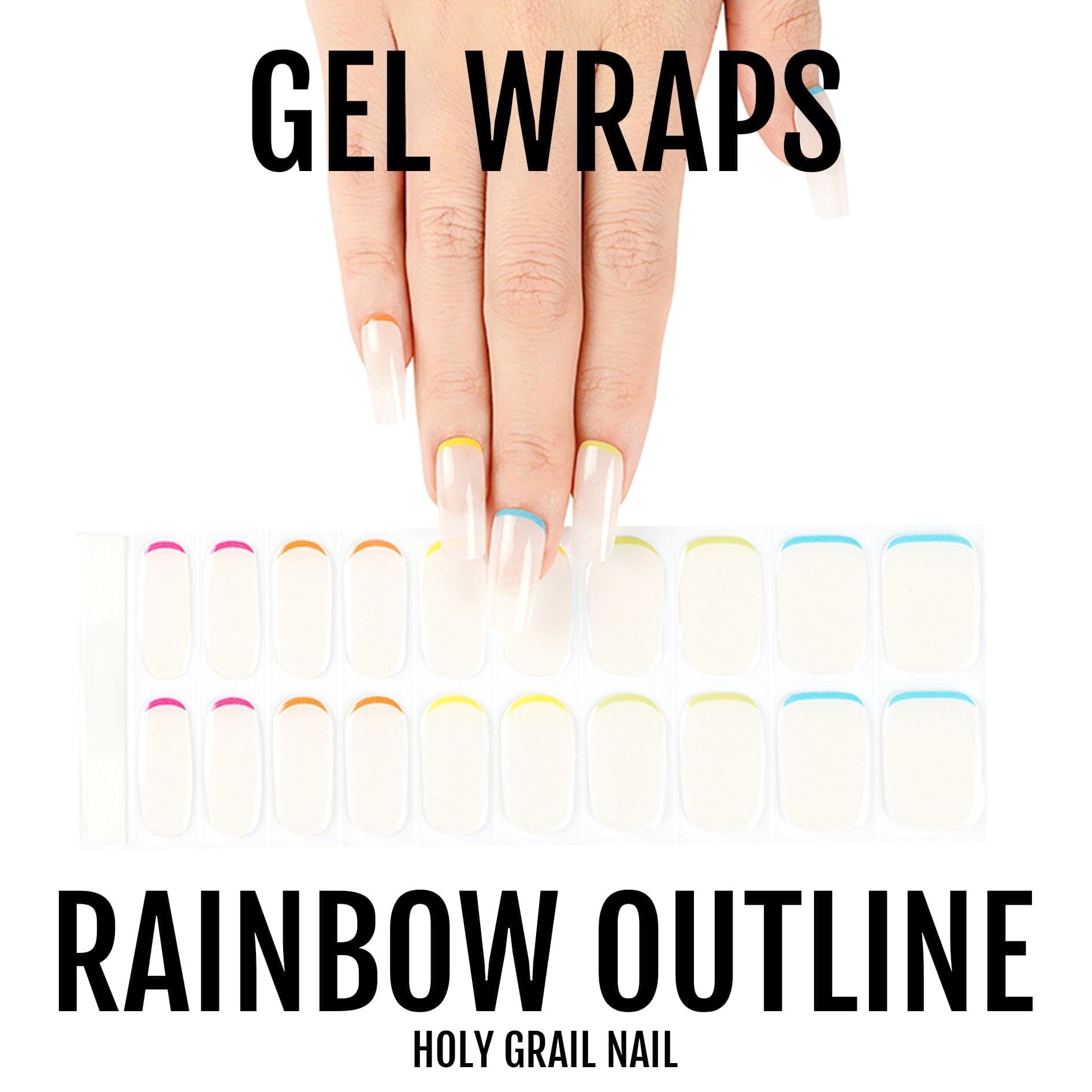 Rainbow outline gel nail wraps displayed on hand showing multicoloured French tip nail art