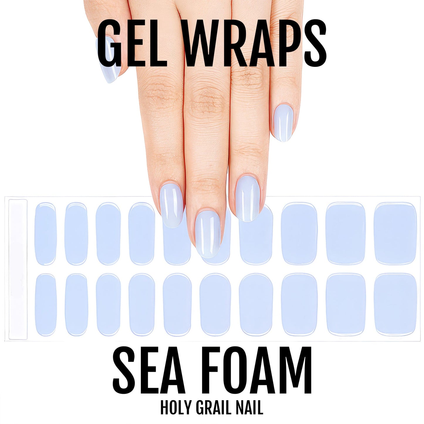 Sea foam blue gel nail wraps sheet showing 20 powder blue nail art strips
