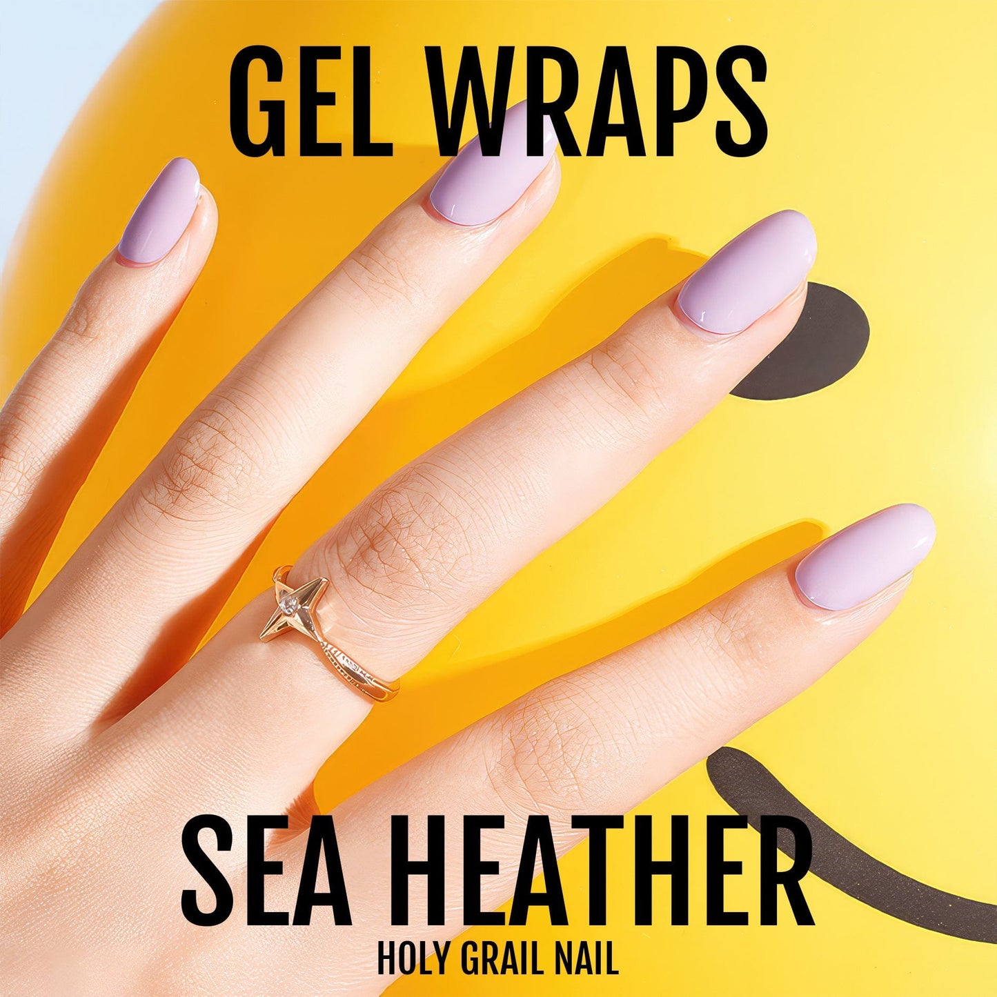 Purple gel nail wraps displayed on hand against yellow background showing glossy solid colour