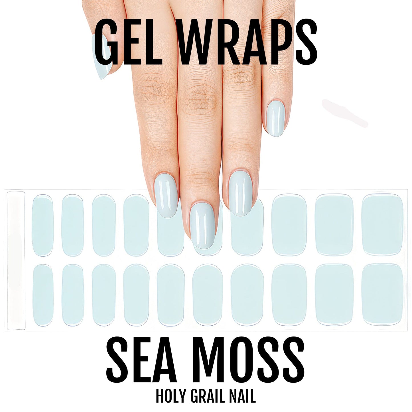 Sea moss powder blue gel nail wraps sheet showing 20 glossy press-on nail sizes