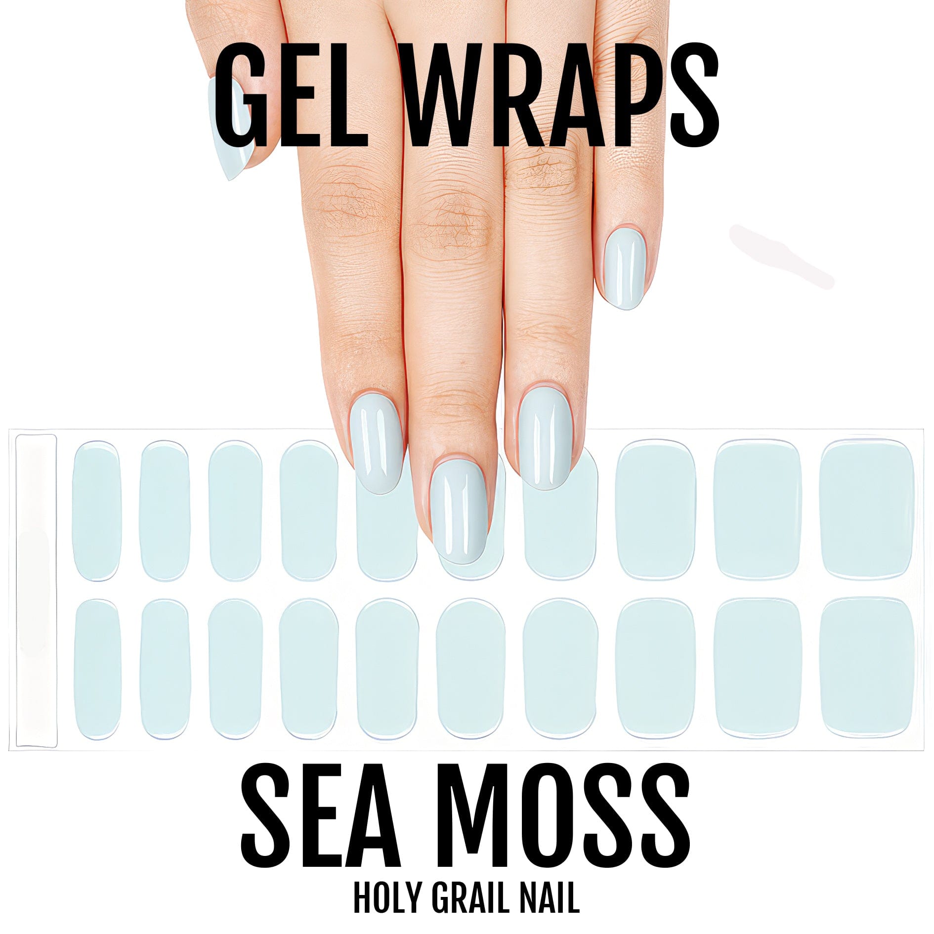 Sea moss powder blue gel nail wraps sheet showing 20 glossy press-on nail sizes