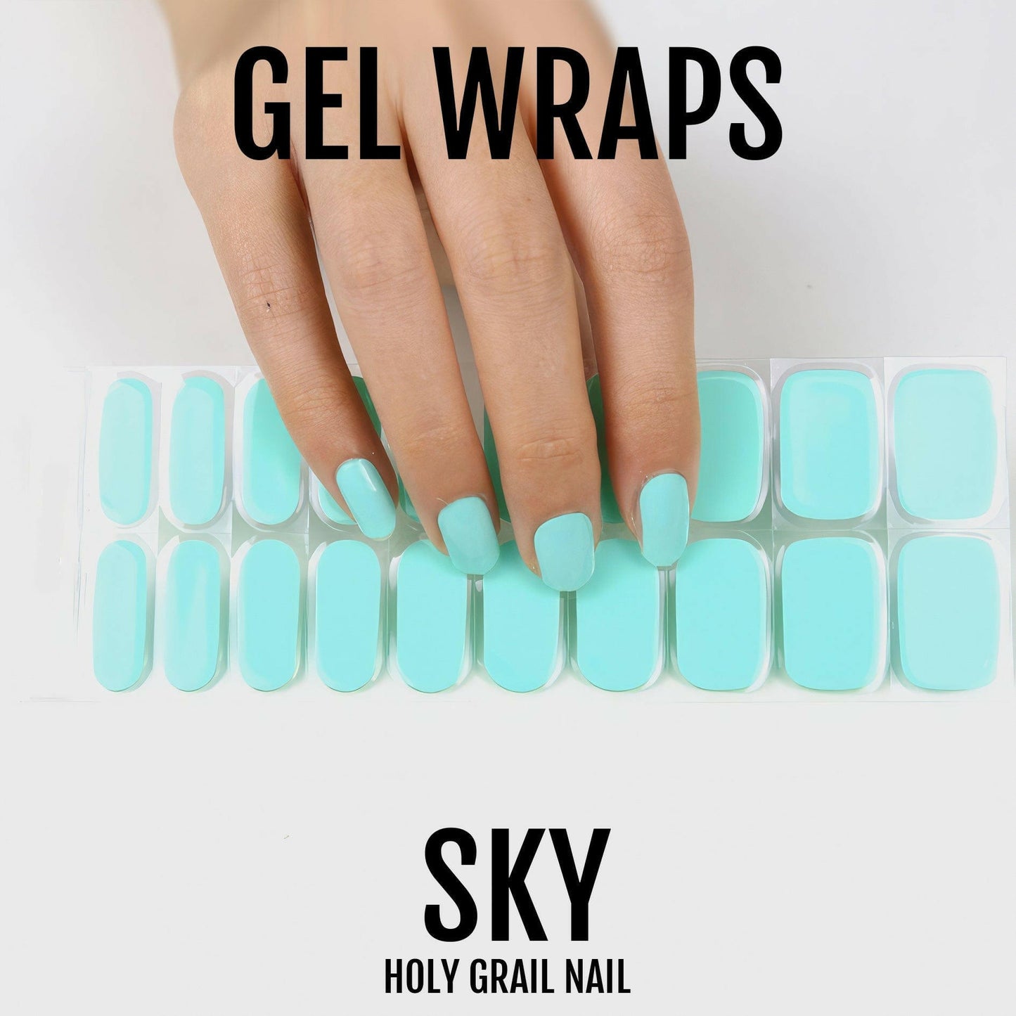 Hand wearing turquoise gel nail wraps with glossy finish showing complete manicure application