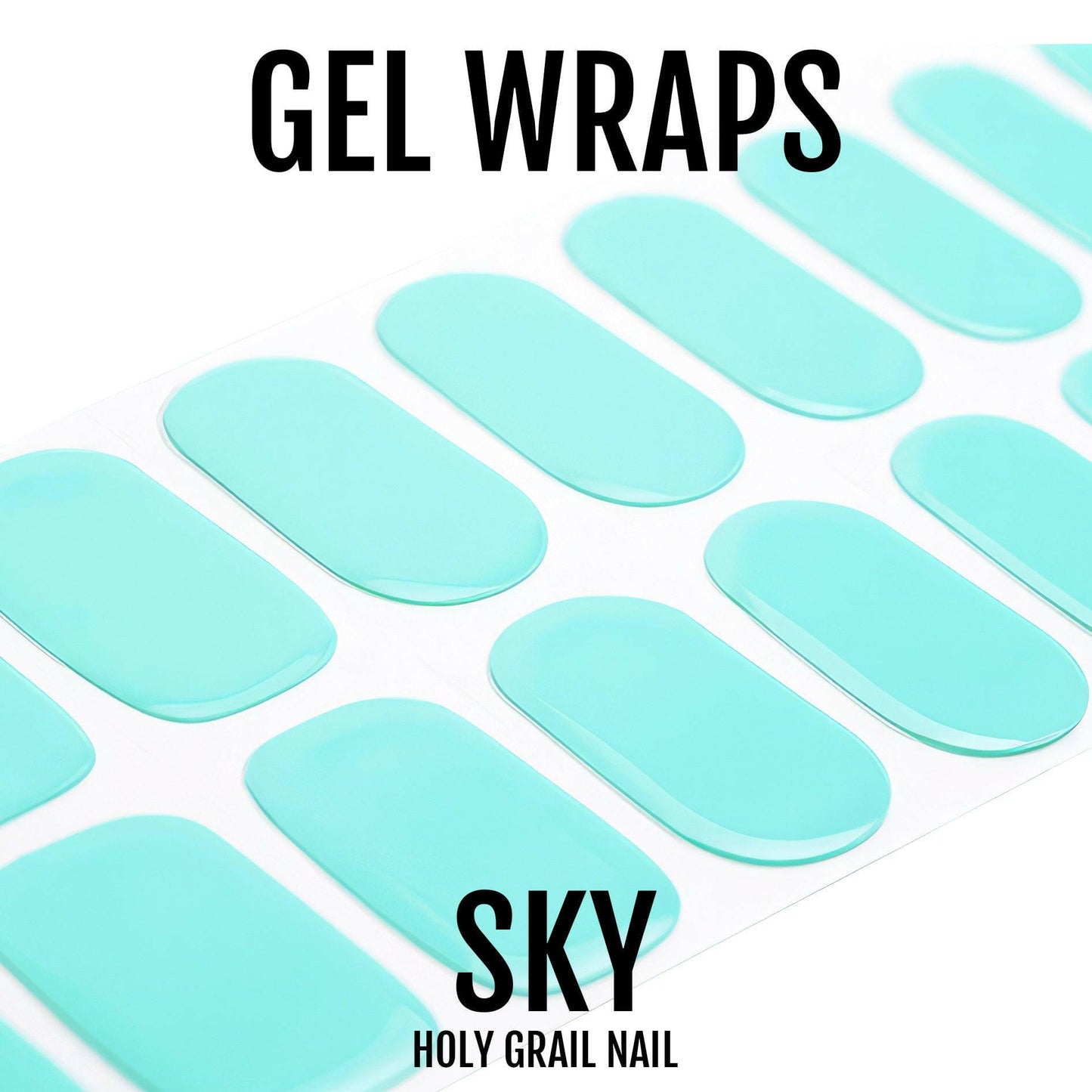 Turquoise gel nail wraps in glossy finish arranged on white background for at-home manicure