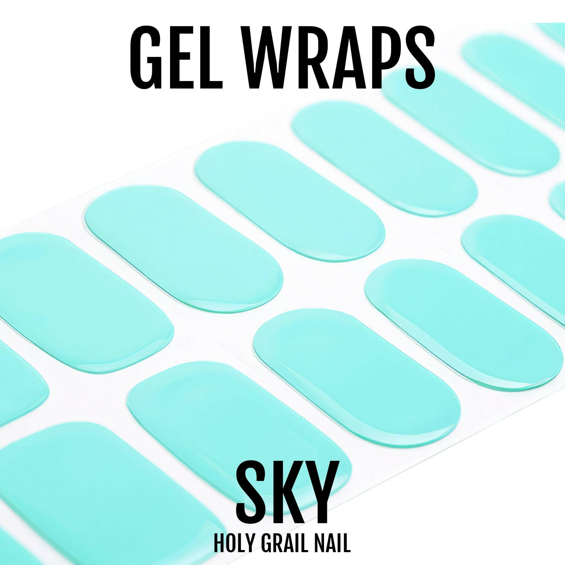 Turquoise gel nail wraps in glossy finish arranged on white background for at-home manicure
