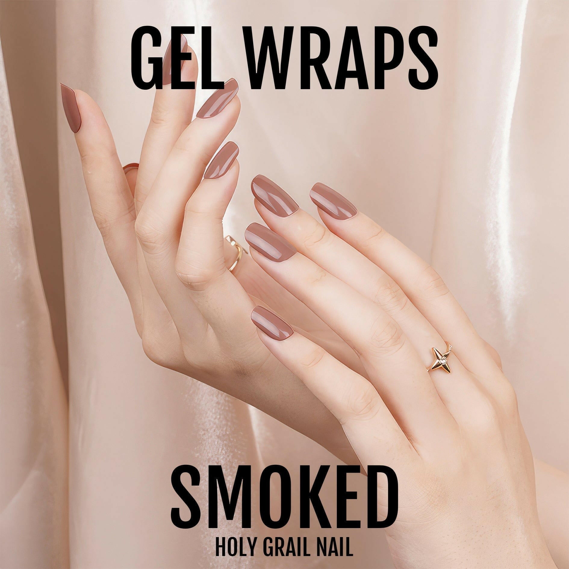 Two hands wearing smoked brown gel nail wraps showing sophisticated neutral manicure
