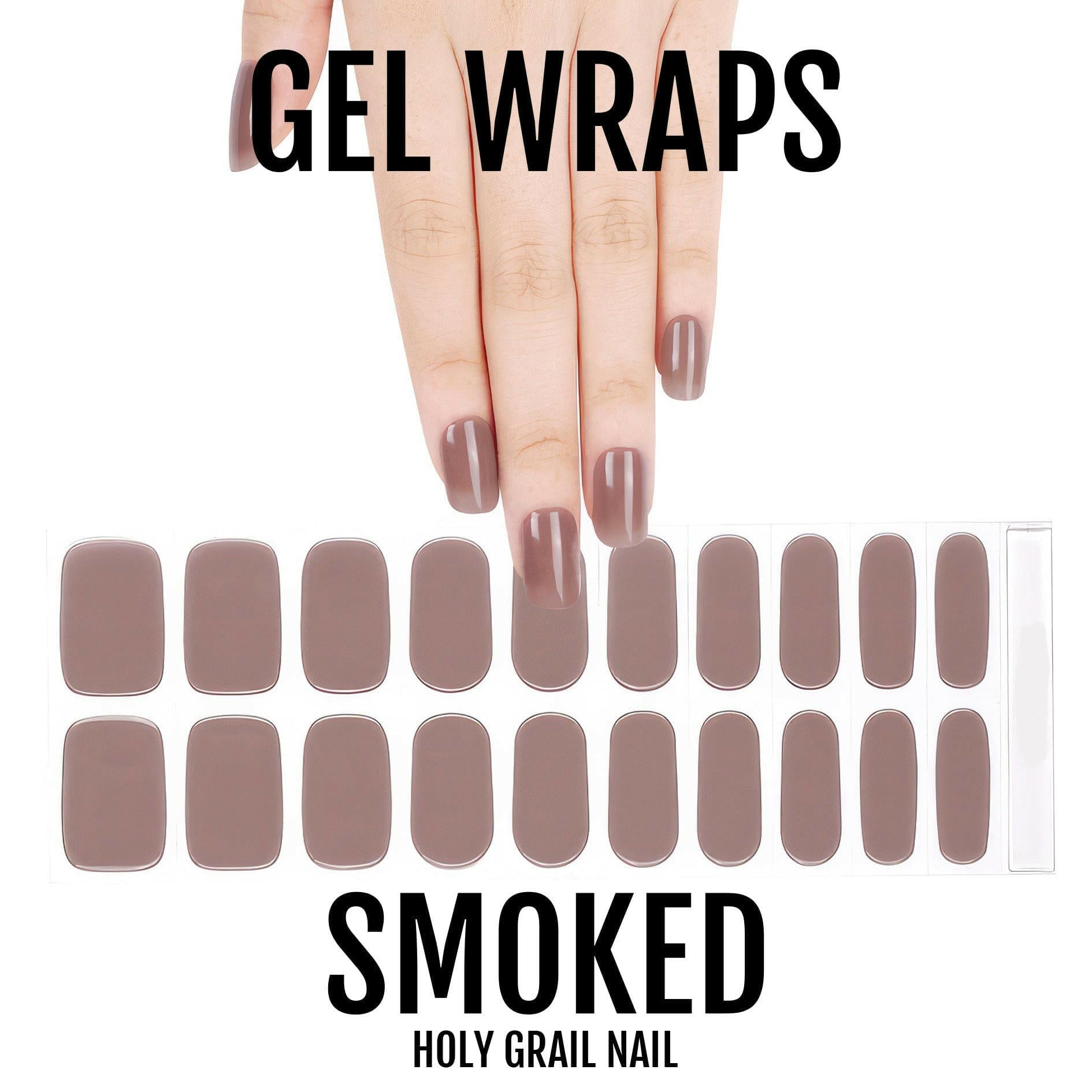 Hand with smoked taupe gel nail wraps and full set showing brown neutral colours