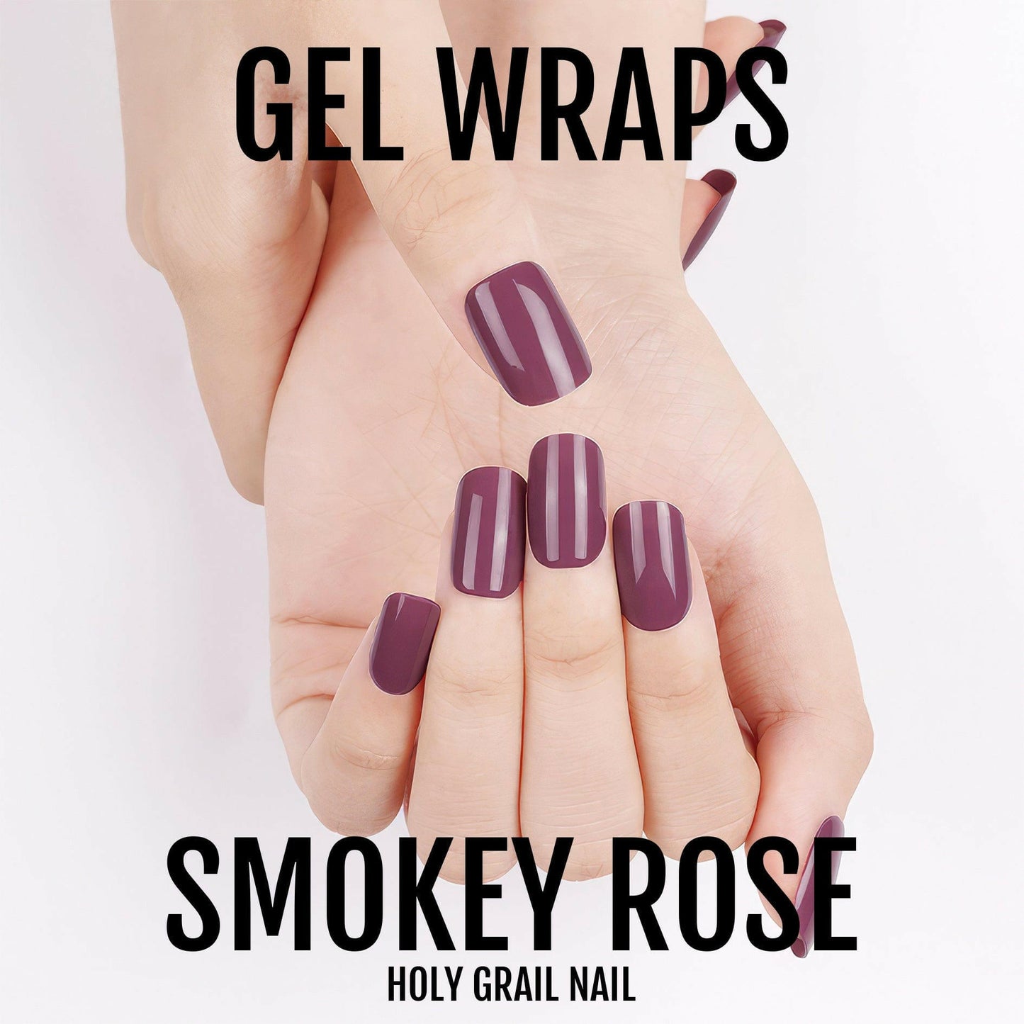 Dusty purple gel wraps on hands displaying smoky rose mauve nail art