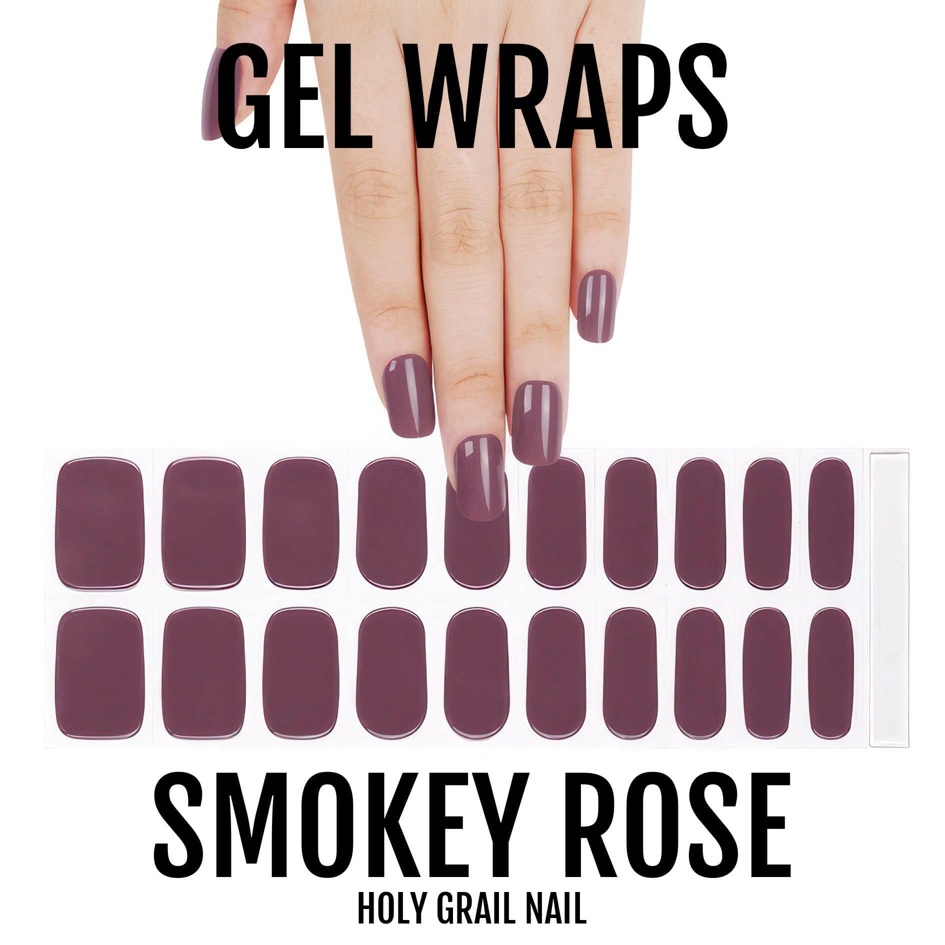 Smoky rose gel nail wraps sheet with hand showing purple mauve nail colours