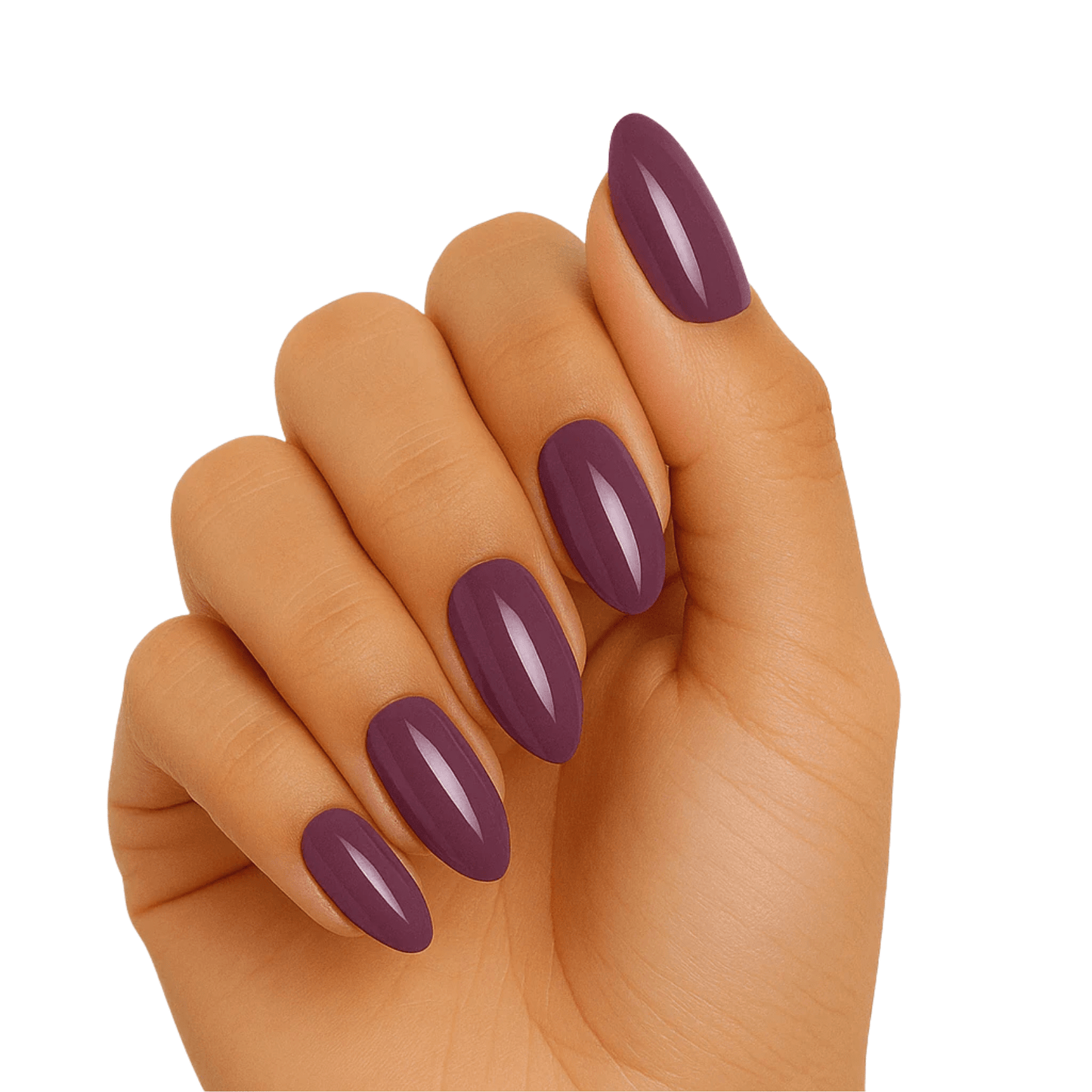 Smoky rose purple gel nail wraps on hand showing glossy mauve finish
