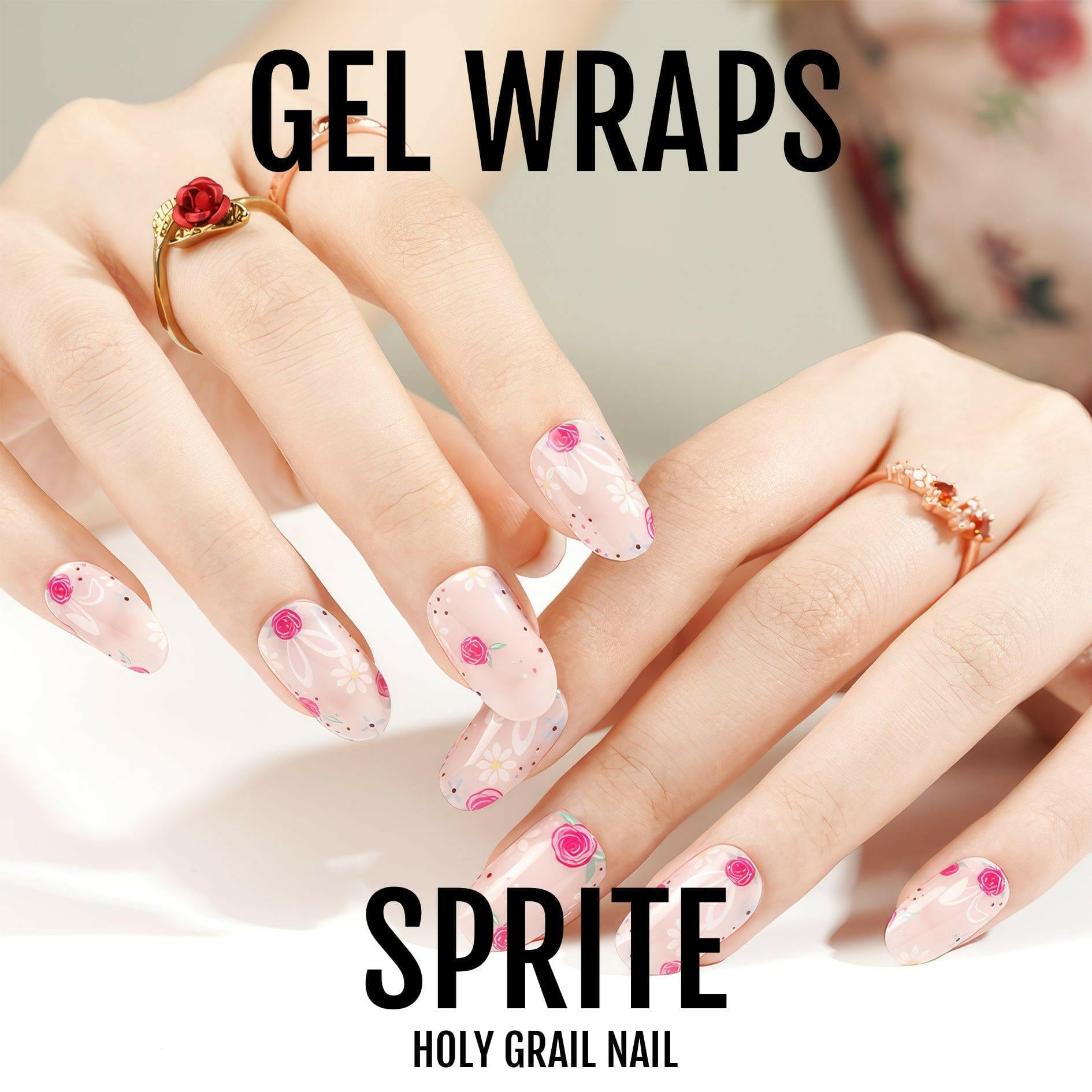 Pink pastel gel nail wraps with floral pattern and polka dots on manicured hands