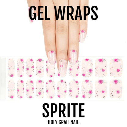 Semi-cured gel nail wraps featuring pink floral polka dot design with product packaging shown