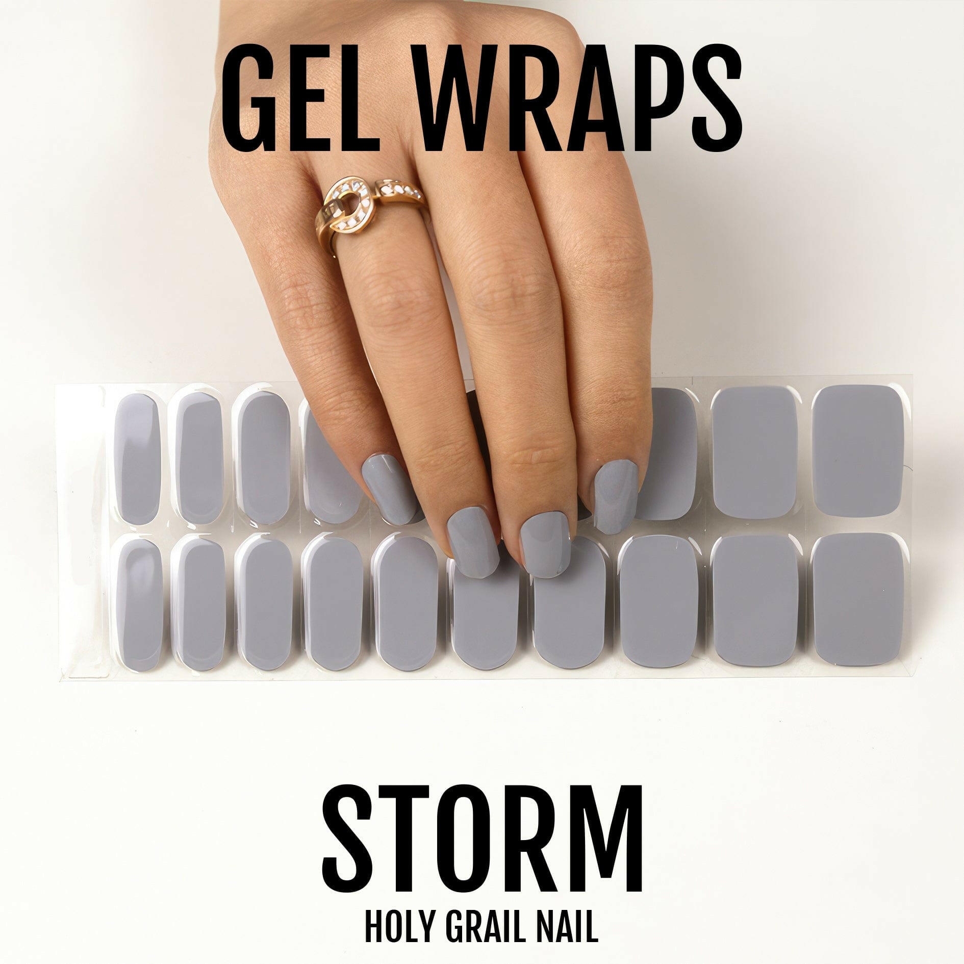 Storm grey gel nail wrap sheet with hand displaying finished glossy manicure