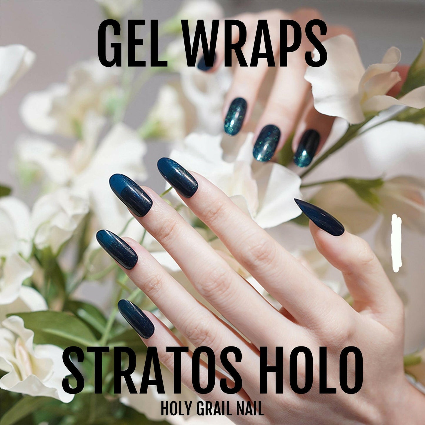 Dark teal holographic gel nail wraps on hand with chrome mirror finish