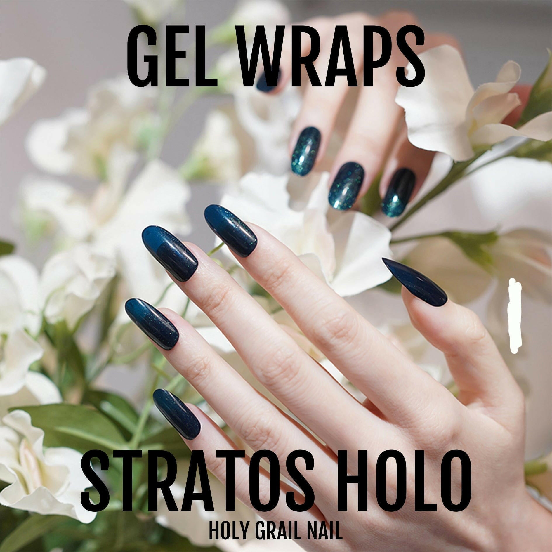 Dark teal holographic gel nail wraps on hand with chrome mirror finish