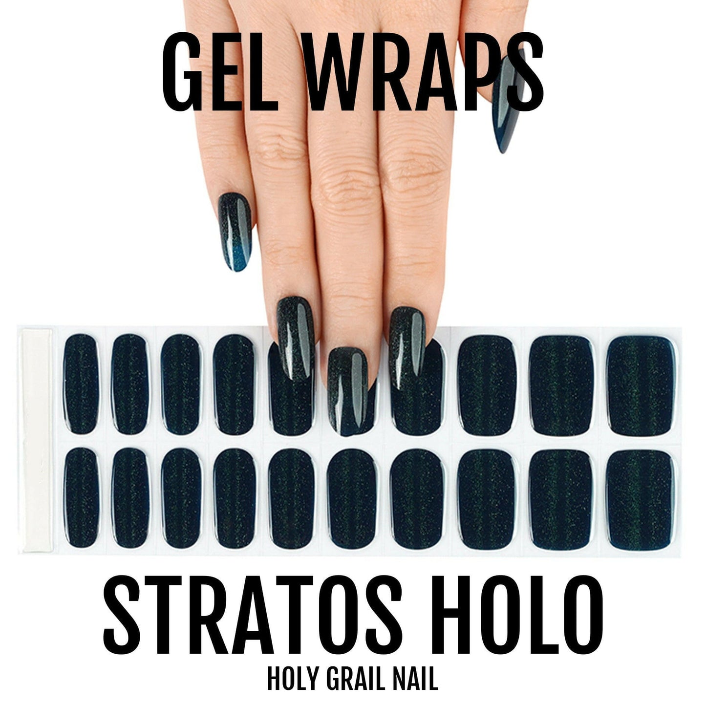 Twenty dark teal holographic gel nail wraps with metallic chrome finish