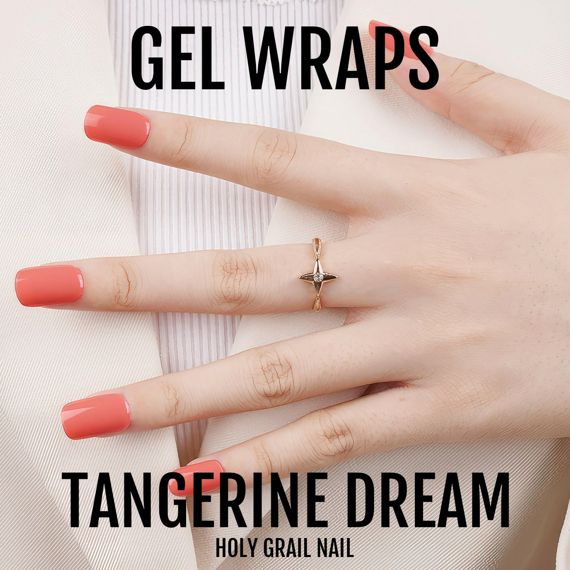 Vibrant coral orange gel nail wraps on hand showing glossy tangerine manicure